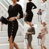 Women Fashion Casual Solid Color Button Decoration Sexy Slim Long Sleeve Knit Split Dress