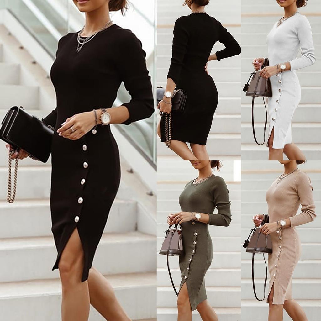 Women Fashion Casual Solid Color Button Decoration Sexy Slim Long Sleeve Knit Split Dress