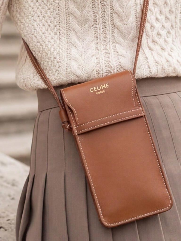 Celine Коричневая кожаная сумка-кроссбоди для телефона, мини-сумка на плечо для хранения очков с регулируемым ремешком