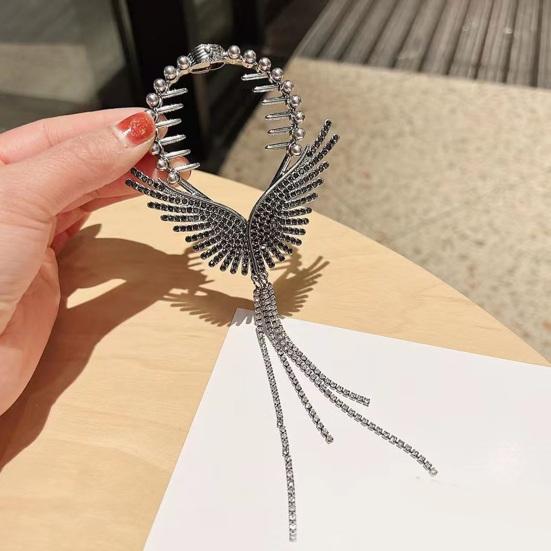Lady Ponytail Claw Wings Shape Shiny Rhinestone Faux Pearl Long Tassel Multi Teeth Stainless Hair Decoration Lightweight Bridal Hair Bun Hair