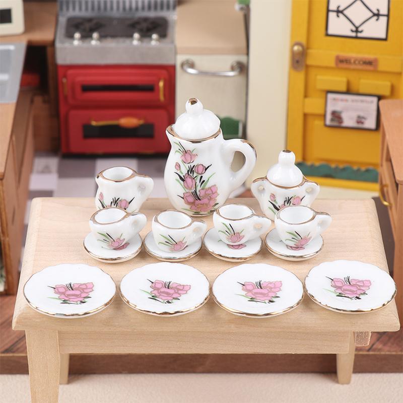 1Комплект 1:12 миниатюрных керамических чайных сервизов для кукольного домика, чашка, чайник, поднос, цветы, столовые приборы, кухонный декор, игрушечные аксессуары для кукольного домика