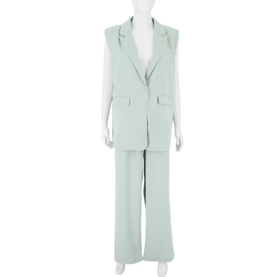 2 Pcs/Set Women Coat Pants Set Lapel Single Button Mid Length Cardigan Sleeveless Jacket Wide Leg High Waist Straight Trousers Lady Formal Commute