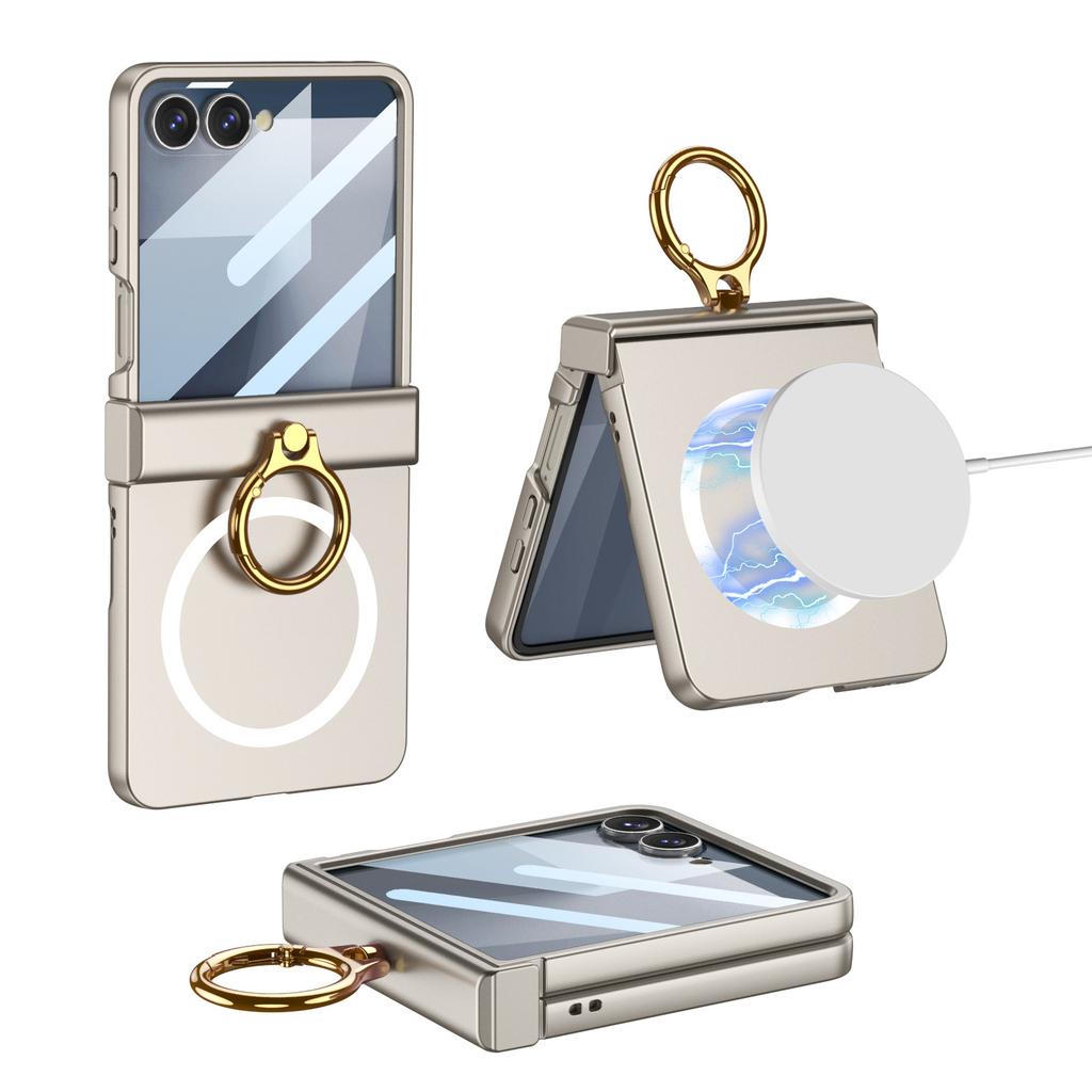 Подходит для мобильного телефона со складным экраном Samsung Zflip7, Модный чехол с вращающимся валом, Полностью закрывающий корпус с кольцом для пальца, Беспроводной, Матовый защитный чехол-скин