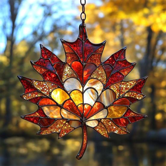 Maple Leaf Fall Ornament Window Hanging Autumn Leaf Suncatcher Stained Glass Wall Art for Thanksgiving Autumn Indoor Outdoor Home Decor