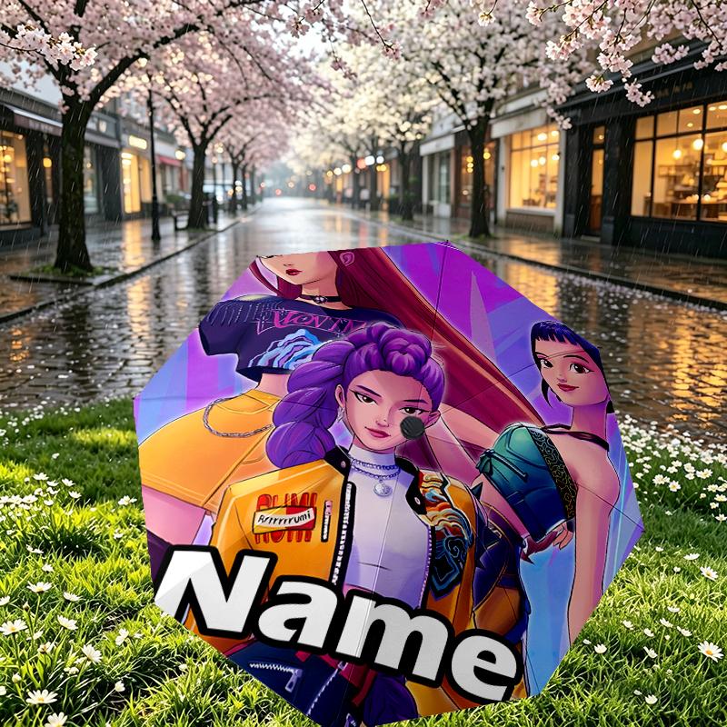 Custom Name Personalized KPop Demon Hunters Print Umbrella, Auto Open Close, 8‑Rib Sturdy Frame, Commute Camping Hiking Use, Birthday Gift