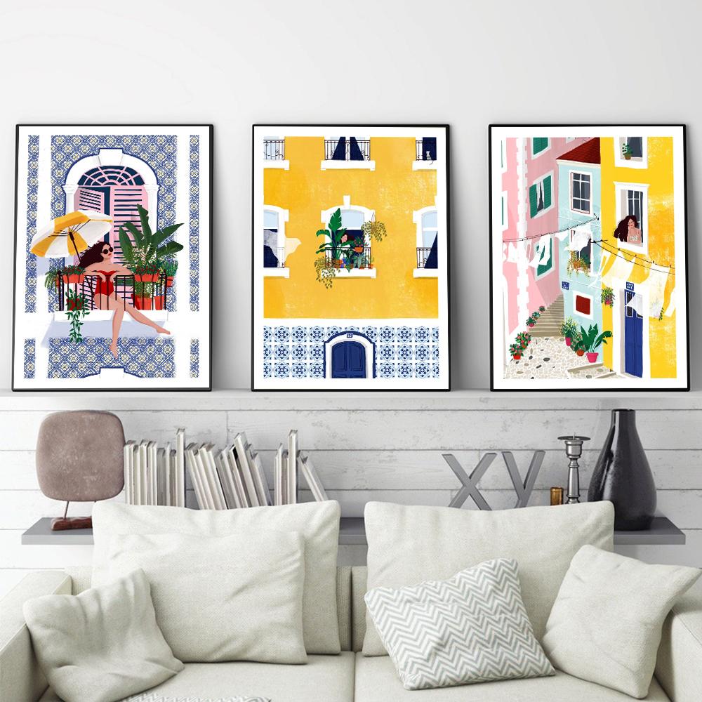 Lisbon Plant Girl Illustration Canvas Painting Wall Art Architecture Cat Woman Posters Gift Travel Print Picture Home Decoration