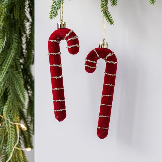 2 Pcs Velvet Christmas Ornaments Shatterproof Glitter Sequins Flocked Bell/Candy Cane/Ice Isicle Hanging Decoration for Xmas Tree Holiday Party Decor