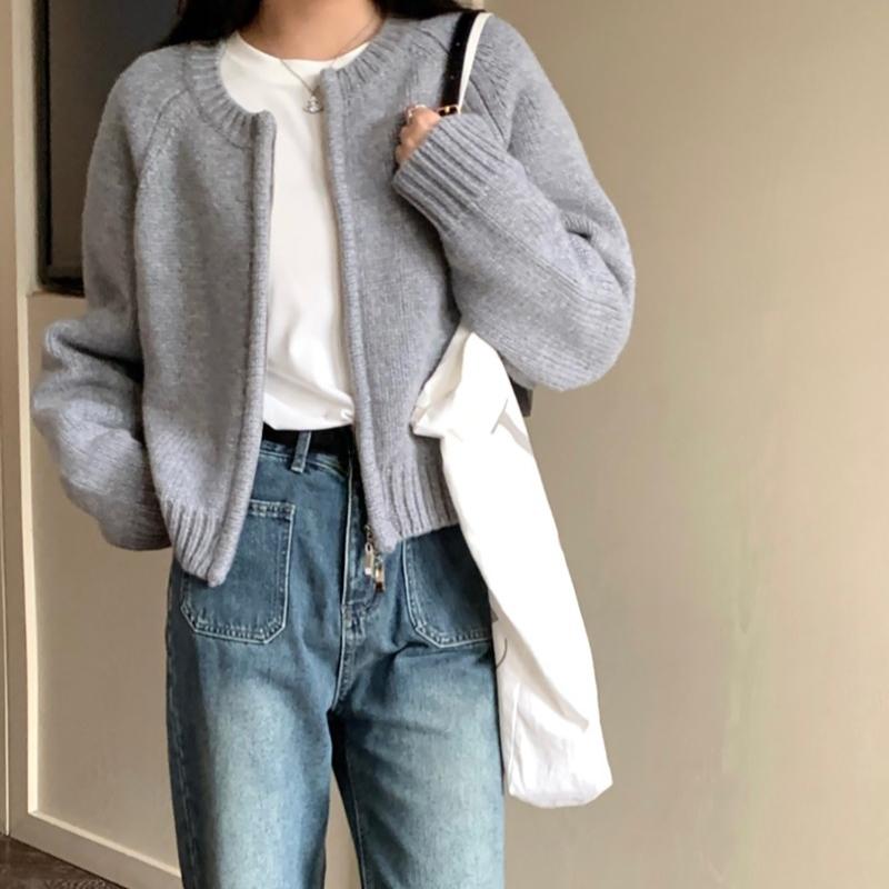 Fashion Solid Elegant Round Neck Zipper Sweater Jacket Women Autumn Winter Loose Short Knitted Cardigan Tops Women Long Sleeve Casual Cardigans 24915