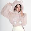 Розовая толстовка с ушками Kawaii, осенне-зимняя японская модная укороченная толстовка с милым котом и вышивкой в ​​стиле пэчворк, плюшевая укороченная толстовка с длинными рукавами