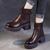 Fashion Thick Soled Horse Boots Women's Autumn and Winter New Round Toe Chelsea Boots British Style Belt Buckle Leather Short Boots 6CM
