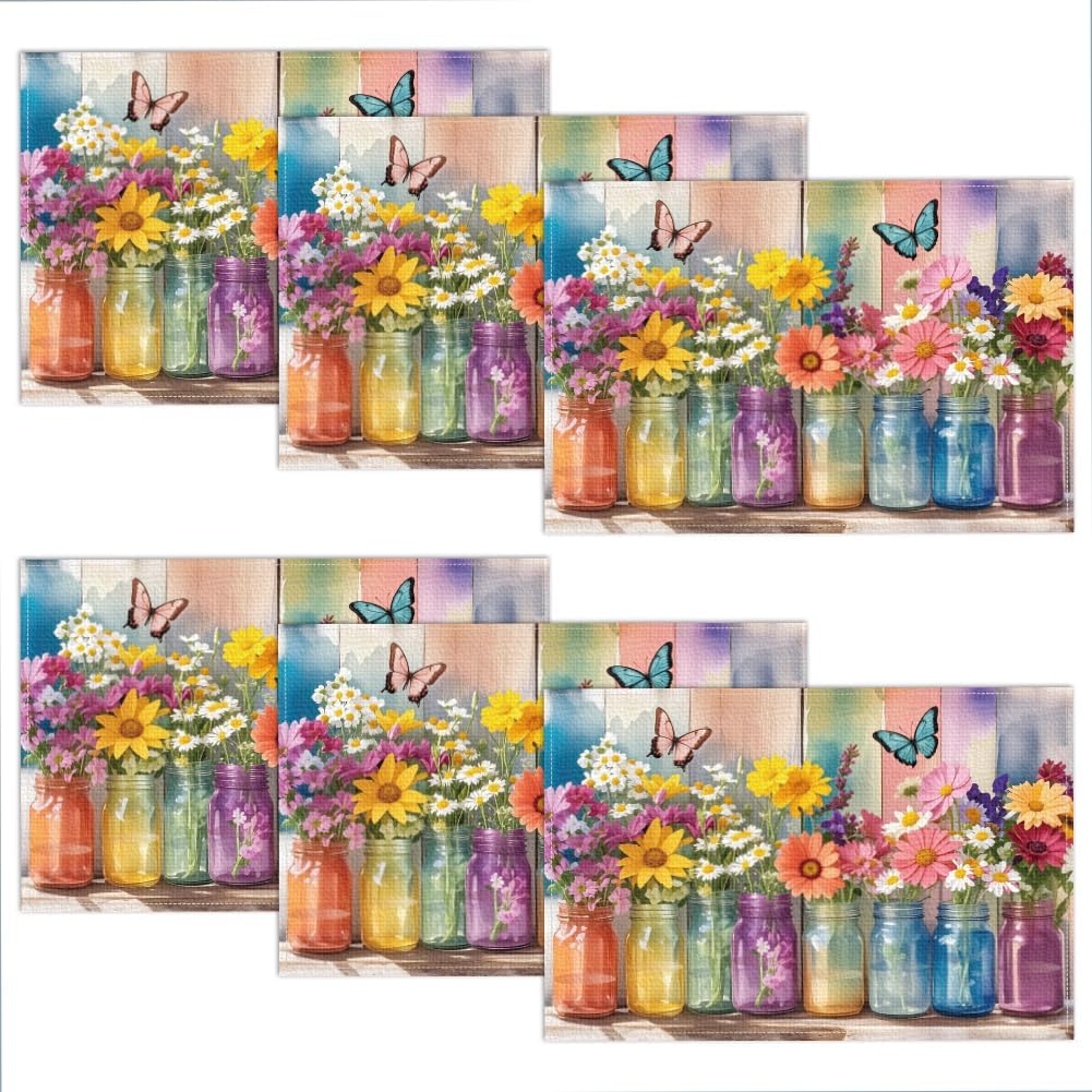 WADORN Flowers Cat Placemats Set of 6, Black Cat Wildflowers Cloth Table Place Mats 11.8x17.7 Inch Non-Slip Linen Washable Table Mats Heat Resistant