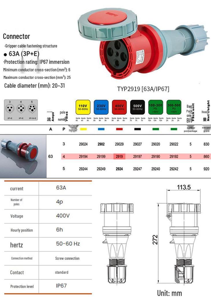 Weipu Industrial Plug TYP573 Surface/Flush Mount, IP67 Waterproof, 63A 4-Pin Aviation Connector
