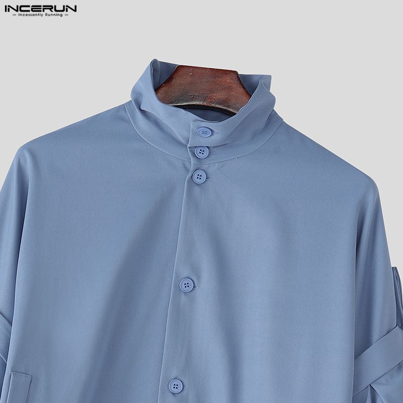 INCERUN Мужские рубашки оверсайз с воротником-стойкой, бантом, длинным рукавом, повседневные, свободные, топы