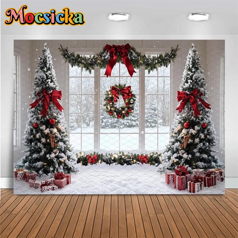 Mocsicka Рождественский Фон для Фотосъемки Семейный Фестиваль Вечеринка Задний План Домашняя Елка Зимний Снег Узор на Окне Декор Баннер