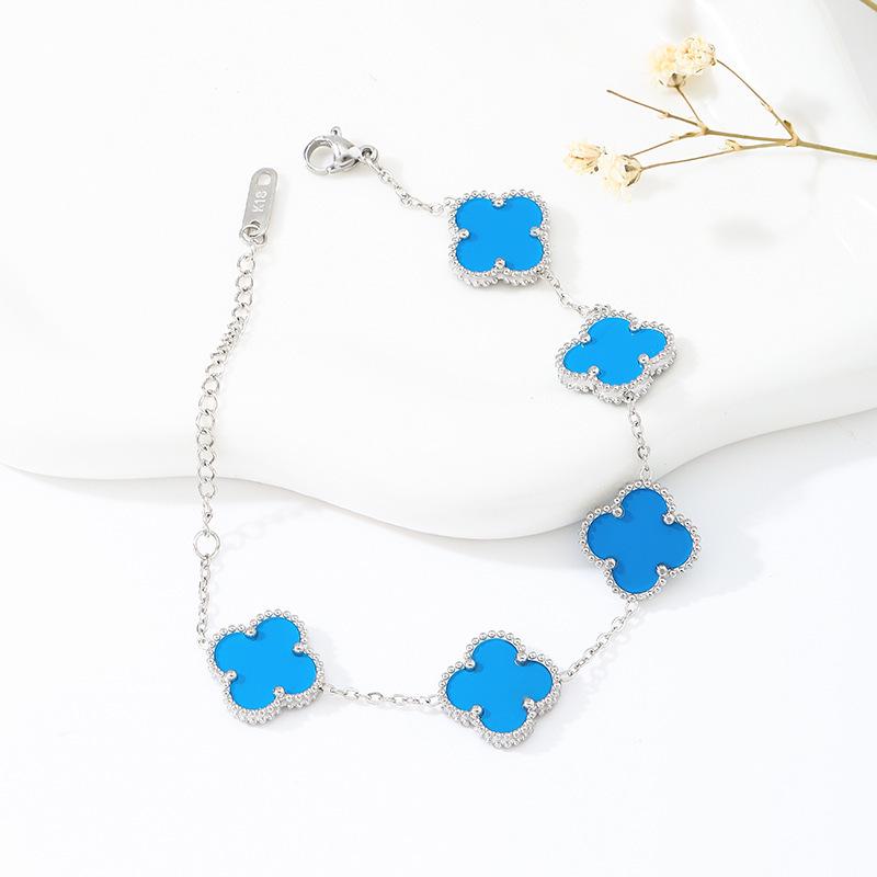 18K Gold Plated Mother-of-Pearl Four-Leaf Clover Jewelry Set: Bracelet, Necklace, Ring, Stud Earrings