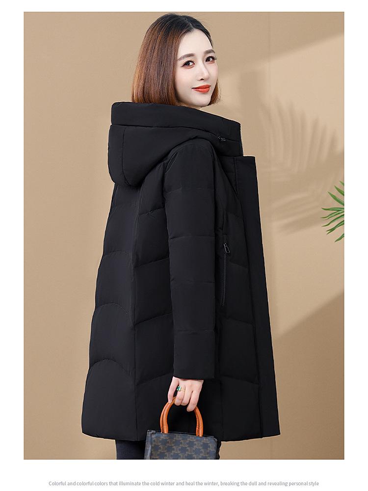 Женский пуховик средней длины из пуха белой утки 2025: Высококачественное приталенное теплое пальто с капюшоном для мам среднего возраста