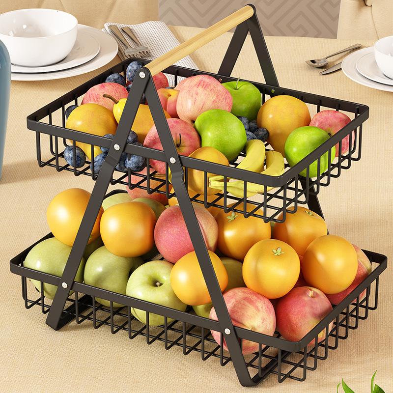 Double-layer wrought iron portable storage basket, kitchen fruit snack storage basket, living room desktop high-value fruit basket