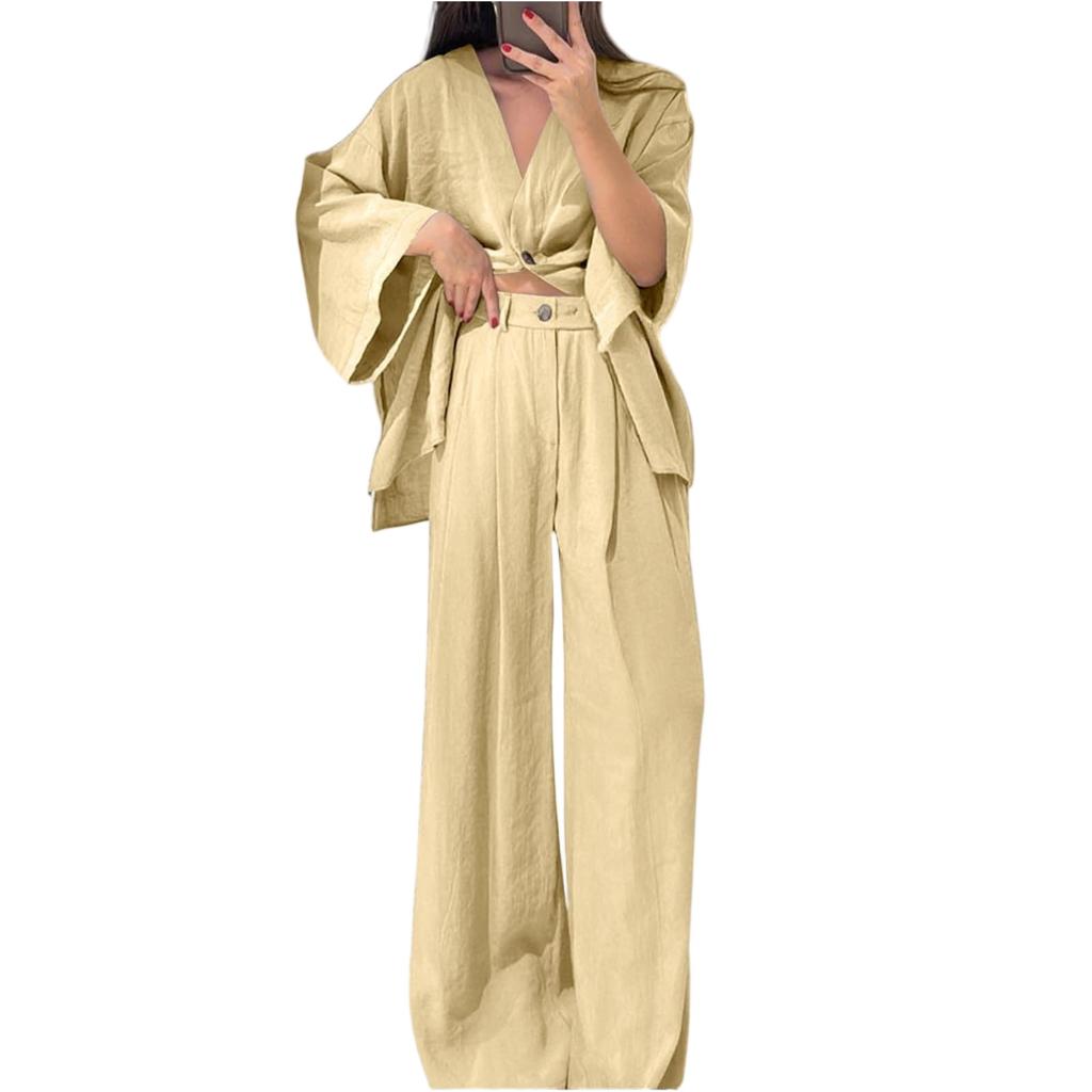 Комплекты из двух предметов для женщин: топ-рубашка с V-образным вырезом на пуговицах и брюки с широкими штанинами, свободные спортивные костюмы