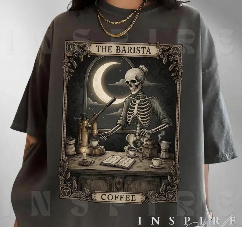 The Barista Skeleton Tarot Meme Shirt – Gothic Coffee Lover Tee