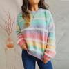Autumn and Winter Loose Gradient Color Striped Imitation Mink Knitted Round Neck Long Sleeved Pullover Sweater for Women 3557 EMA