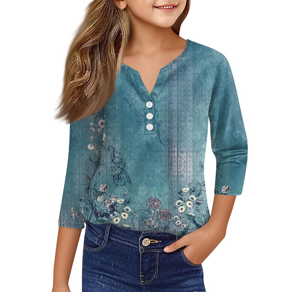 Повседневные модные топы для девочек с принтом, футболка с семью рукавами и пуговицами