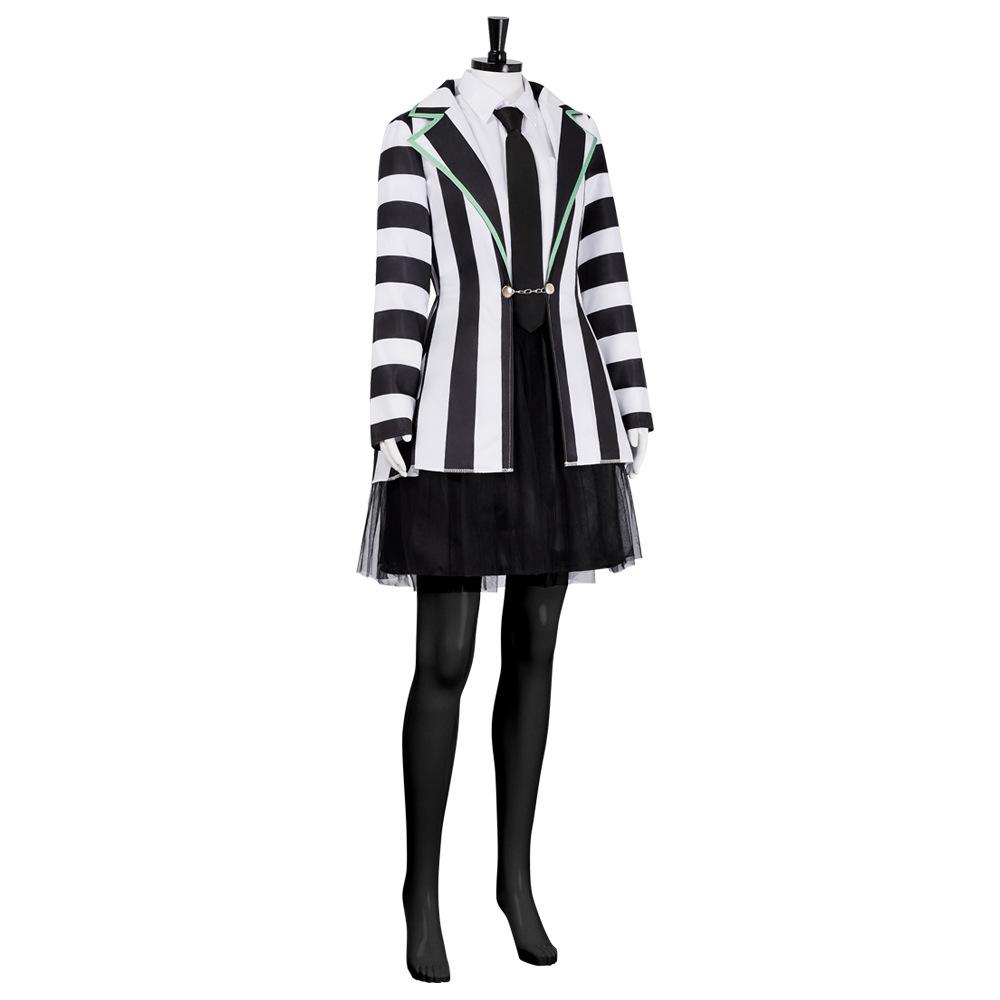 Beetlejuice Cosplay Costume Set, Black‑White Striped Suit for Women
