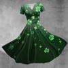Women's V-neck St. Patrick's Day Printed Waisted Shirred Short Sleeve Dress