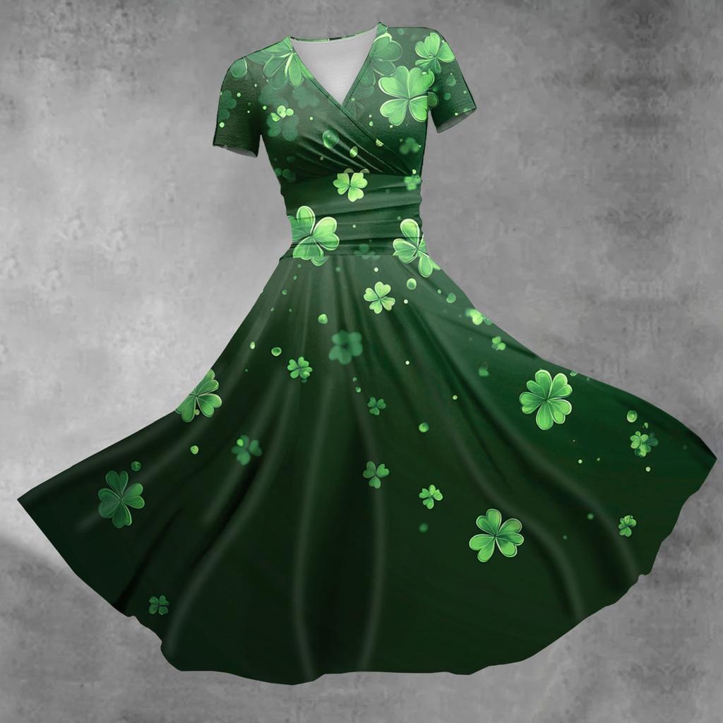 Women's V-neck St. Patrick's Day Printed Waisted Shirred Short Sleeve Dress