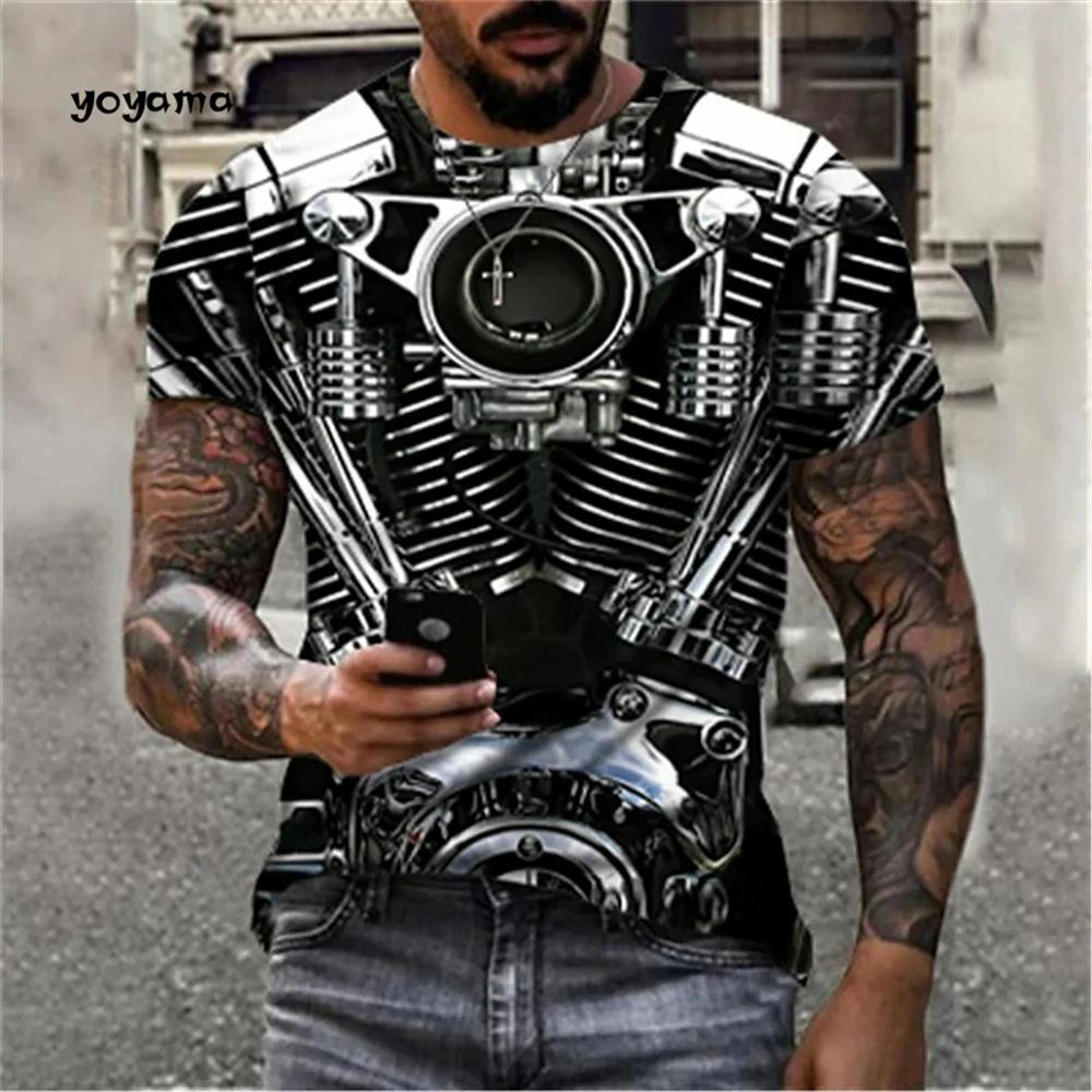 Мужская футболка с принтом в виде ретро-двигателя мотоцикла 3D, летняя дышащая футболка с коротким рукавом и круглым вырезом, мужская повседневная уличная одежда