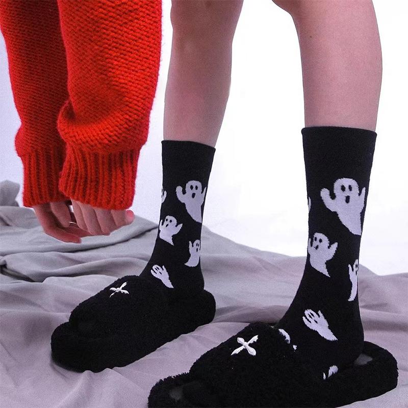 1Pair Halloween Middle Tube Socks Cute Cartoon Ghost Socks Unisex Autumn Winter Warm Socks Couple Gifts