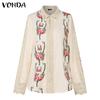 Women Lapel Neck Long Sleeve Floral Print Lace Patchwork Clasp Blouses
