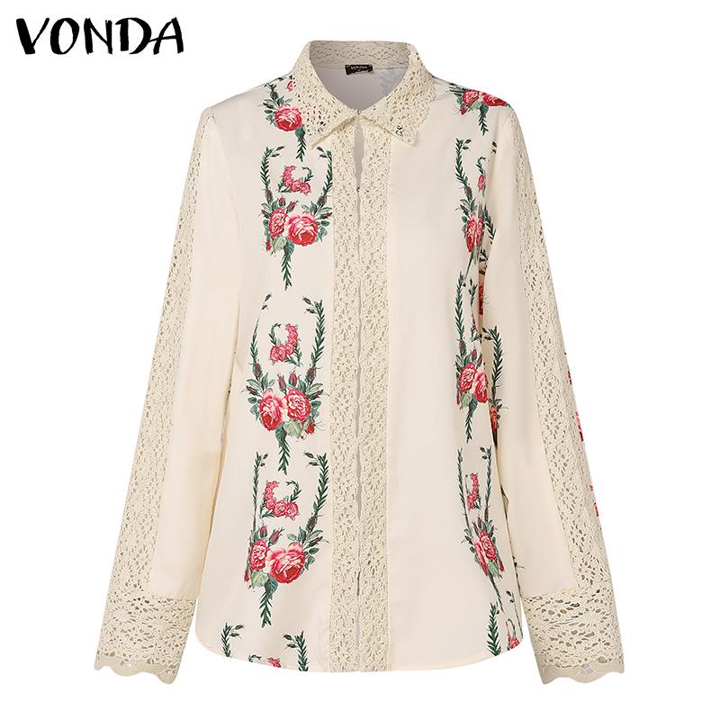 VONDA Женские блузки с длинным рукавом и цветочным принтом, кружевные, с застежкой-лацканом
