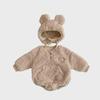 Autumn & Winter Baby Romper: Cute Bear Design with Hood, Double-Sided Velvet, Warm & Cozy for Crawling.