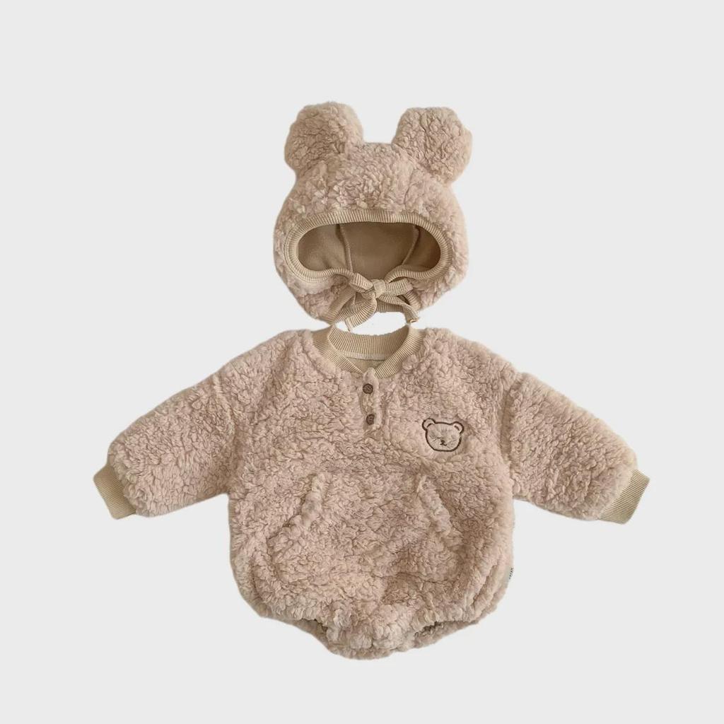 Autumn & Winter Baby Romper: Cute Bear Design with Hood, Double-Sided Velvet, Warm & Cozy for Crawling.