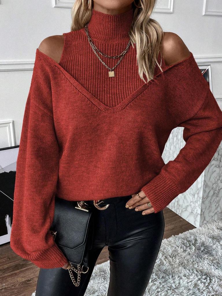 European-American Women's Off-Shoulder Ribbed Knit Sweater - Autumn/Winter Casual Fashion with Half-High Collar Solid Color Design.