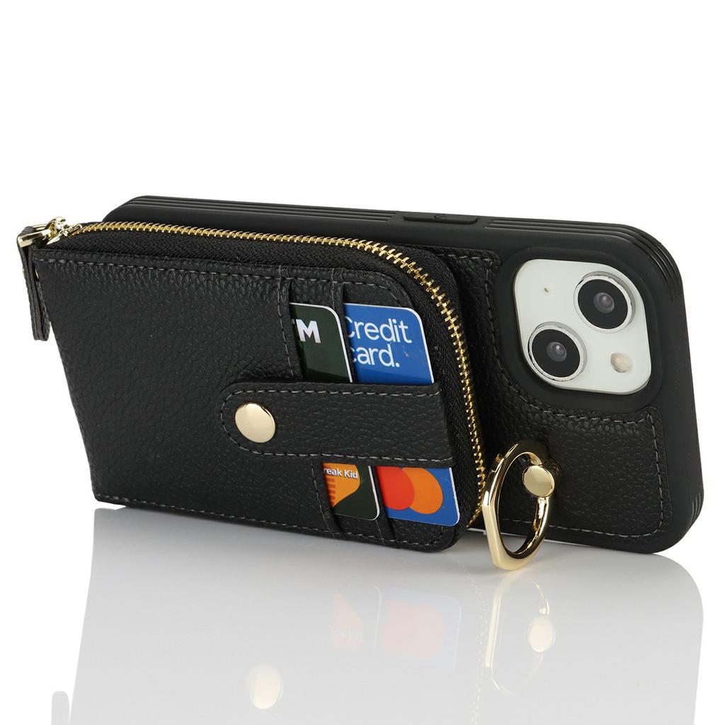 For iPhone 14/13 Case with Zipper Pouch/Ring Kickstand/Strap Litchi Texture PU+TPU Phone Cover
