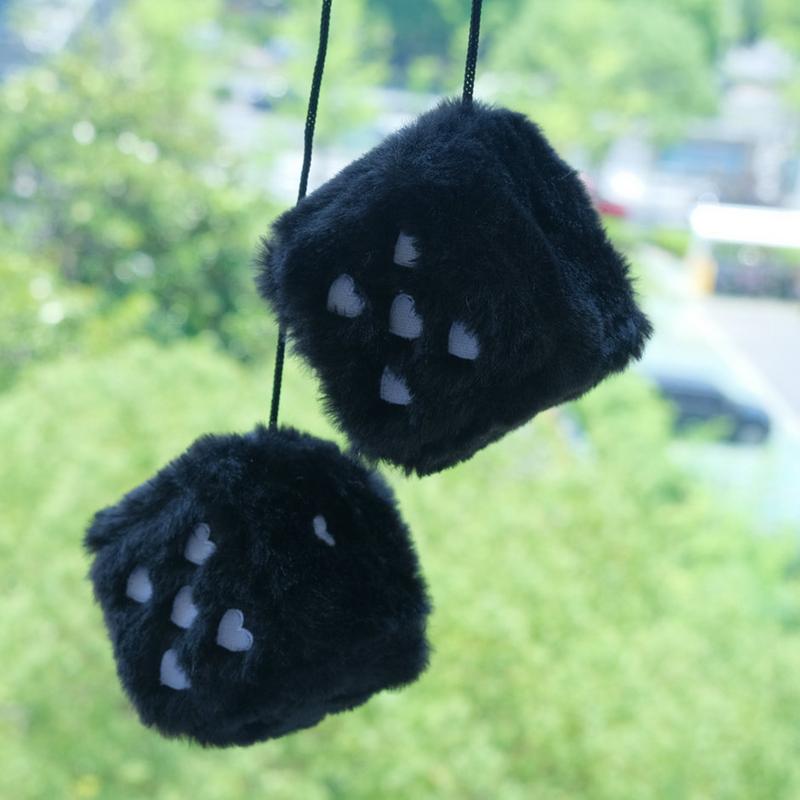 Fuzzy Plush Dice 1 Pair Auto Plush Dice Pendant Heart-shaped Embroidery Pattern Dice Pendant For Home And Workplace Decoration