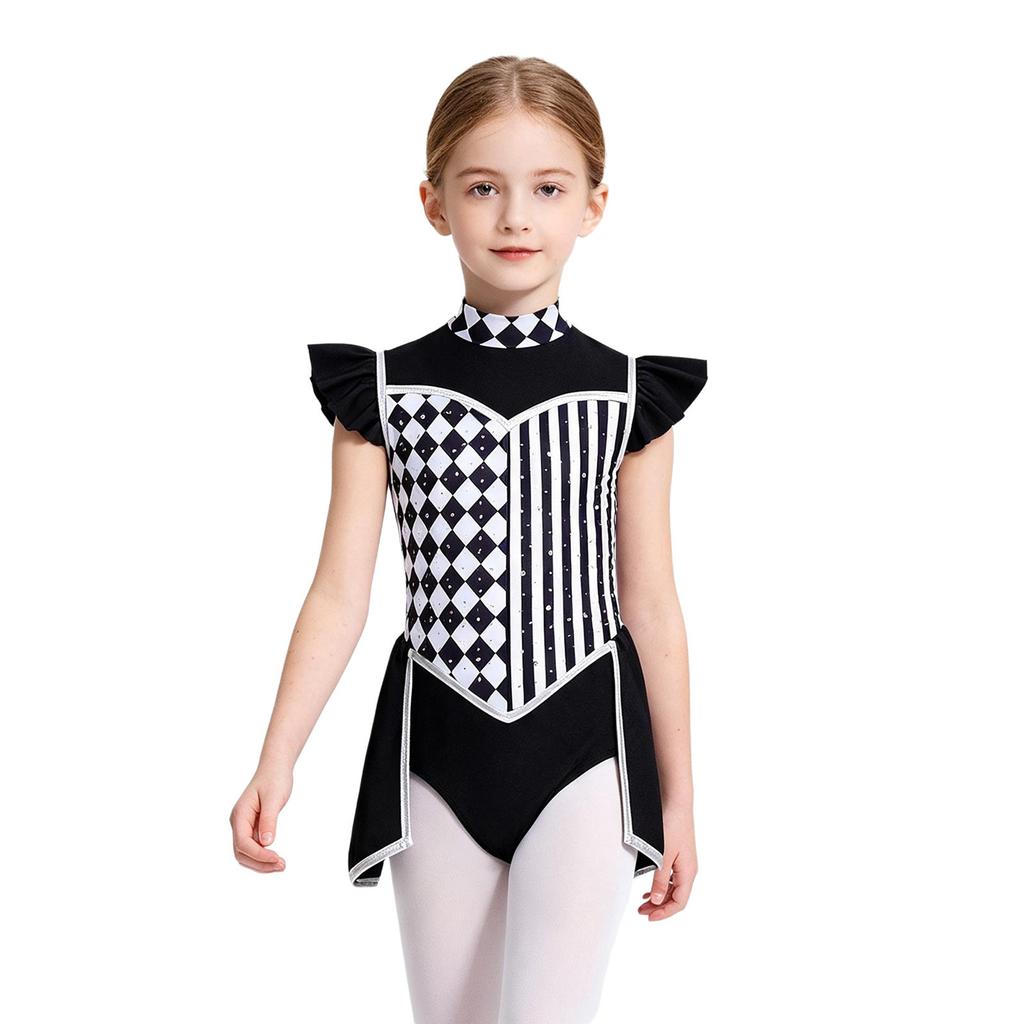 Girls Halloween Clown Performance Bodysuit Ruffled Sleeves Mock Neck Back Invisible Zipper Rhombus Patchwork for Circus Masquerade Cosplay