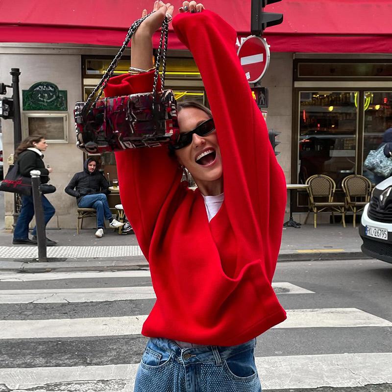 Красный женский свободный шерстяной свитер с V-образным вырезом, куртка с длинным рукавом, вязаный пуловер, новый осенний женский повседневный офисный трикотаж, топы