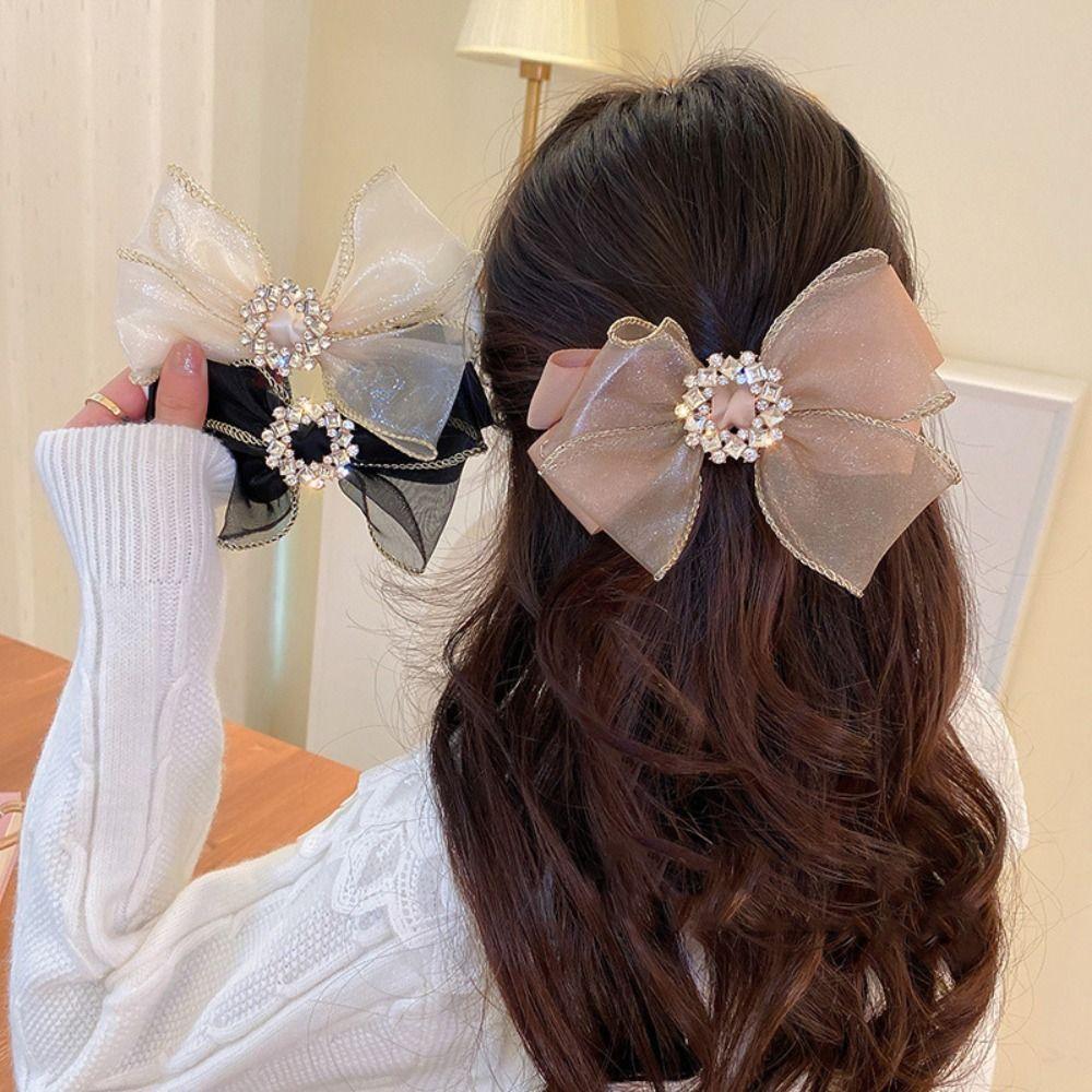Large Size Mesh Hair Clip Korean Style Crystal Hair Clip French Bow Hair Clip Girl