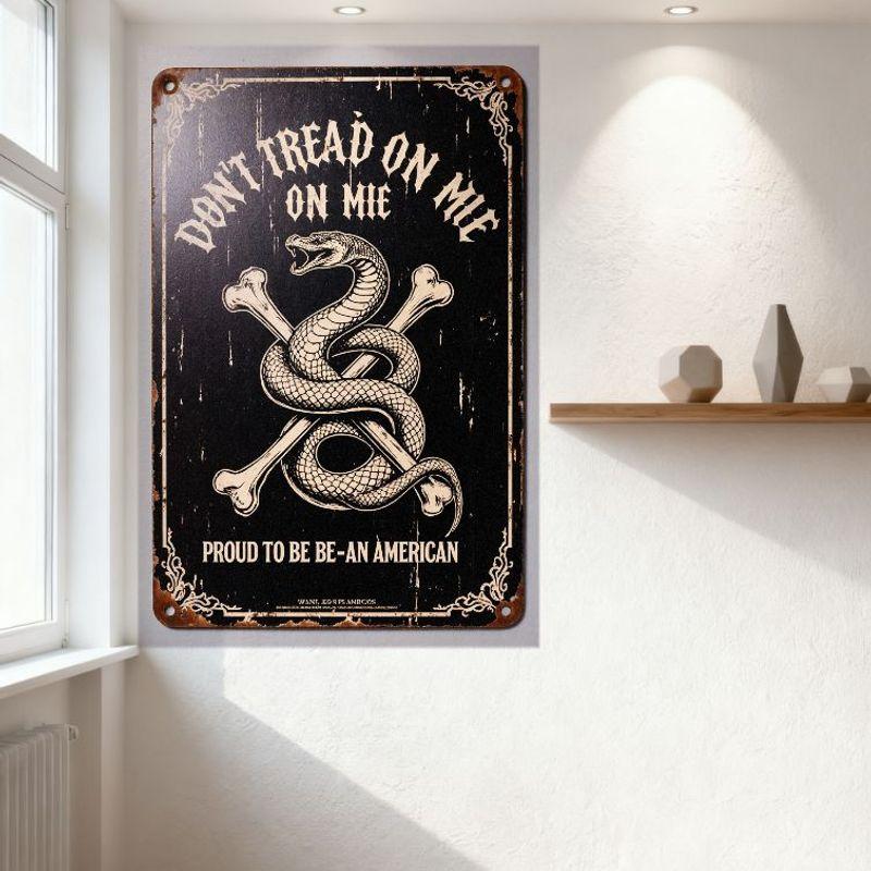 Vintage Metal Tin Sign 'DONT TREAD ON MIE' Rattlesnake & Bones Design 'PROUD TO BE AN AMERICAN' Rustic Decor for Man Cave Bar Ho