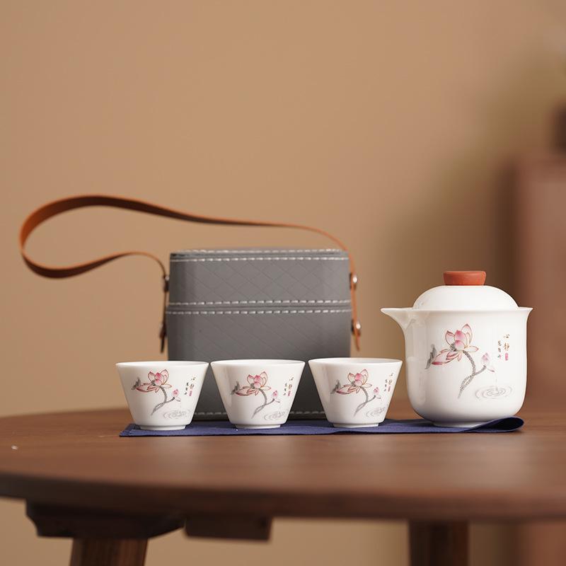 Blue and white travel tea set outdoor portable express cup one pot three cups kung fu ceramic small gift print
