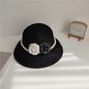 Autumn Winter Wool Big Pearl Chain Black White Camellia Hepburn Style Ldady Bucket Cap Women Leisure Hat