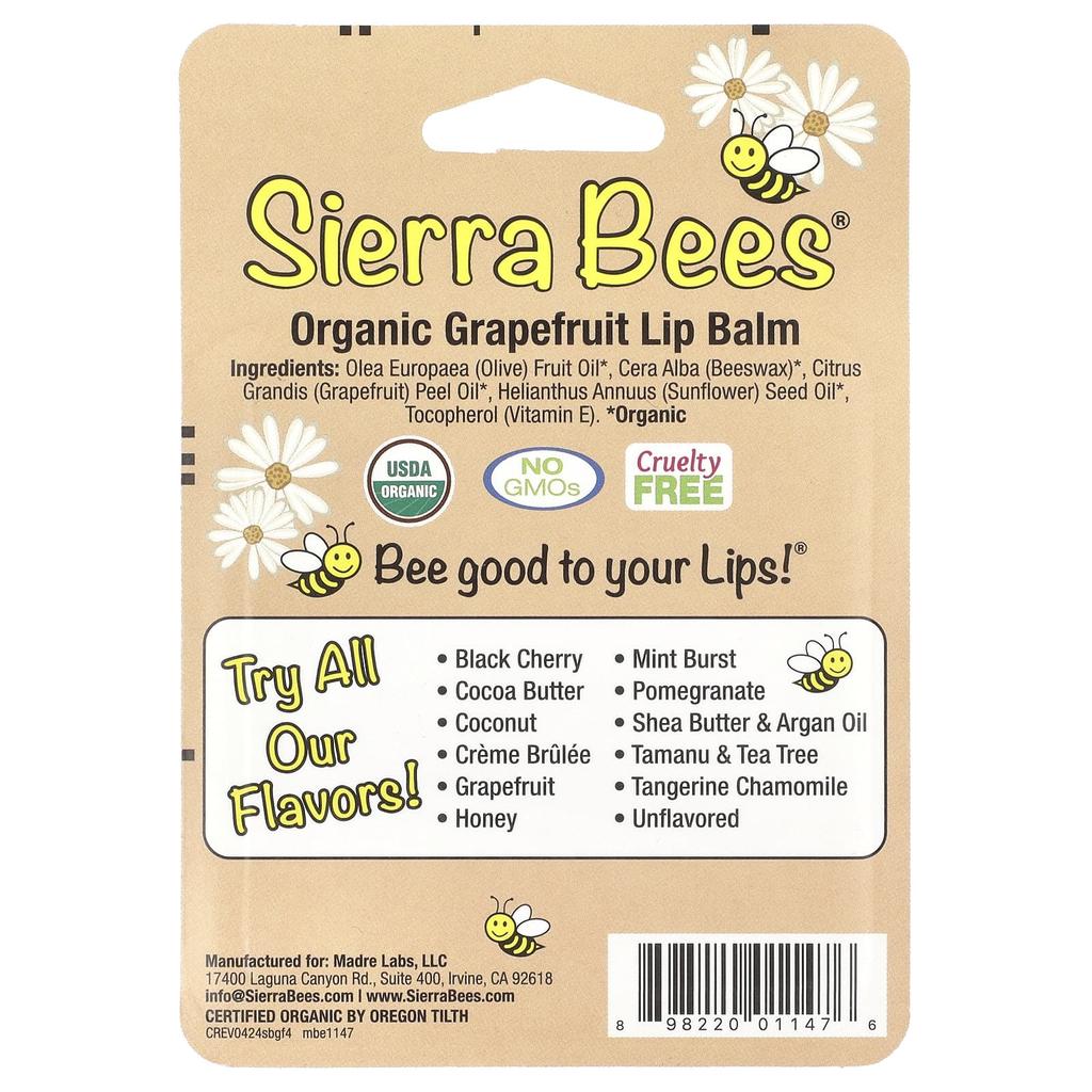 Sierra Bees Органический бальзам для губ, грейпфрут, 4 шт., 0,15 унции (4,25 г) Каждый