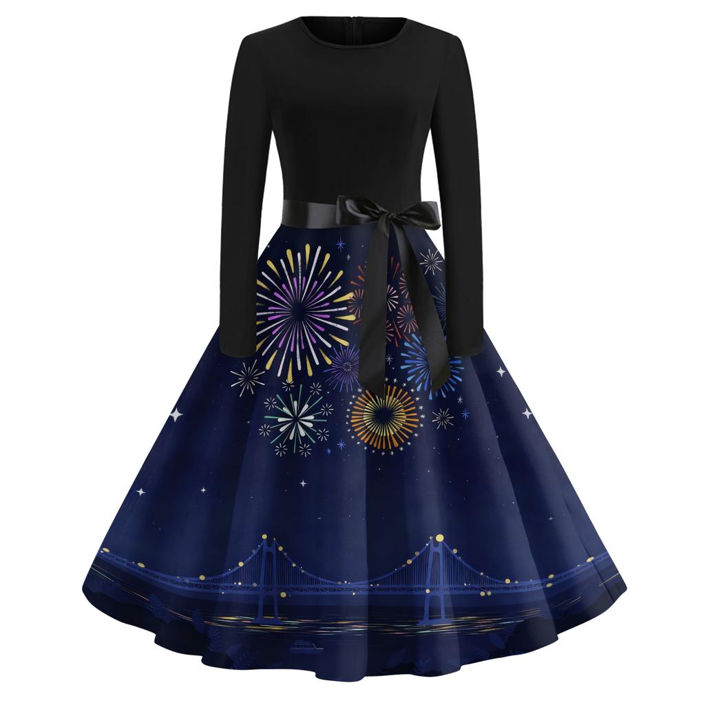 Женское повседневное модное платье с круглым вырезом и длинным рукавом с новогодним принтом в ретро-стиле