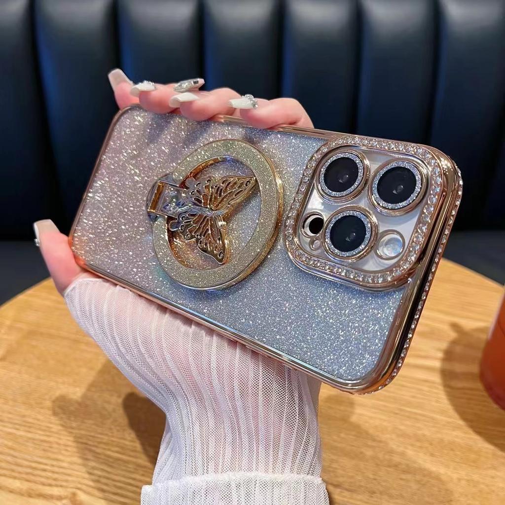 Подходит для iPhone 16 Чехол для мобильного телефона со стразами, блестками, подставкой-бабочкой, магнитной фиксацией, Apple 15 ProMax Противоударный защитный чехол
