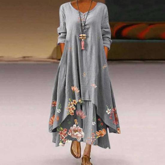 Spring Fall Dress with Pockets Vintage Flower Printing Irregular Layerd Hem Loose A-line Maxi Dress for Daily Work Party