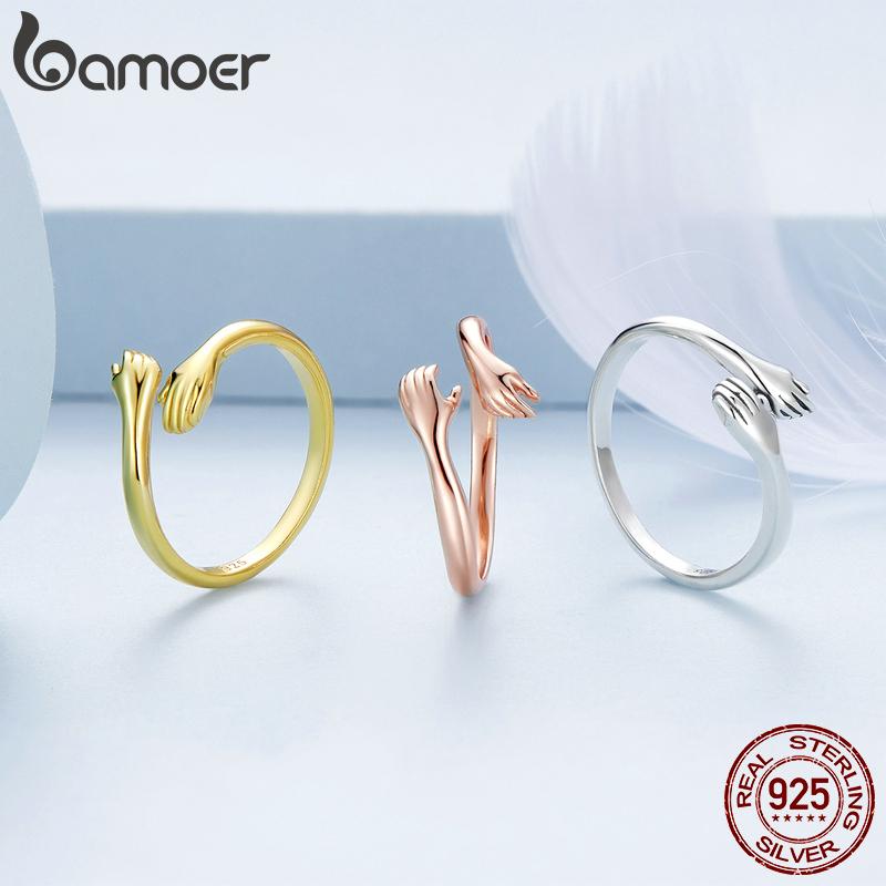 Bamoer 925 Sterling Silver Embrace Ring Hug Warmth and Love Women 18 K Metal Texture Gold Adjustable Ring