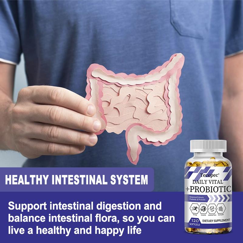 Daily Vitality + Probiotics, containing plant extracts, prebiotics, and probiotic capsules, 120 capsules.