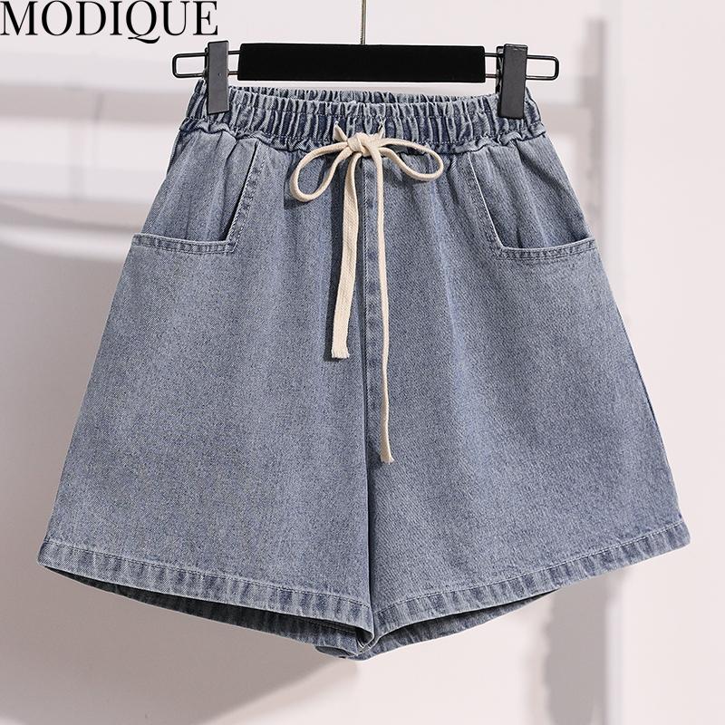 MODIQUE Лето Большие размеры Женские свободные базовые эластичные шнурки трапециевидной формы с широкими штанинами и закатанными джинсовыми шортами Шорты Женские повседневные синие короткие штаны
